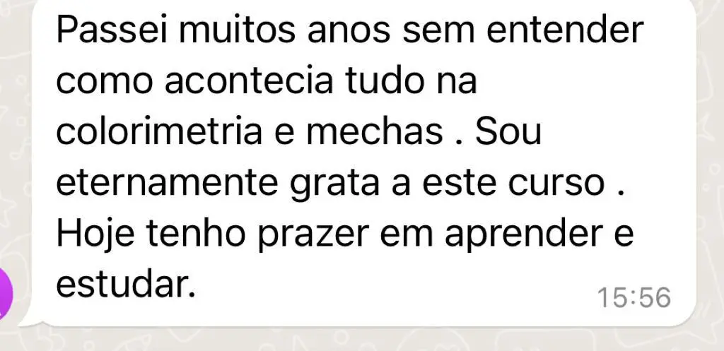 Mensagem de aluna no WhatsApp: hoje tem prazer em aprender colorimetria e mechas