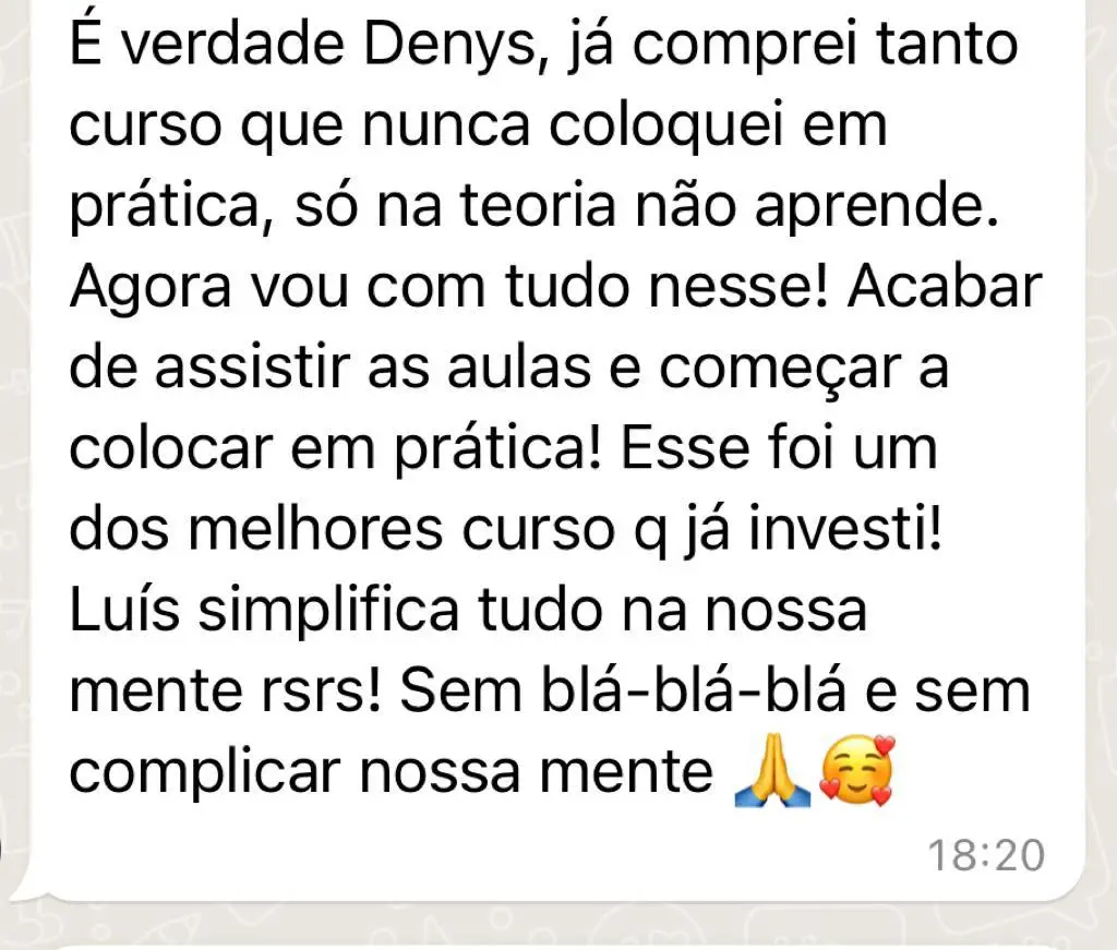 Mensagem de aluna no WhatsApp: um dos melhores cursos, Luís simplifica tudo sem complicar